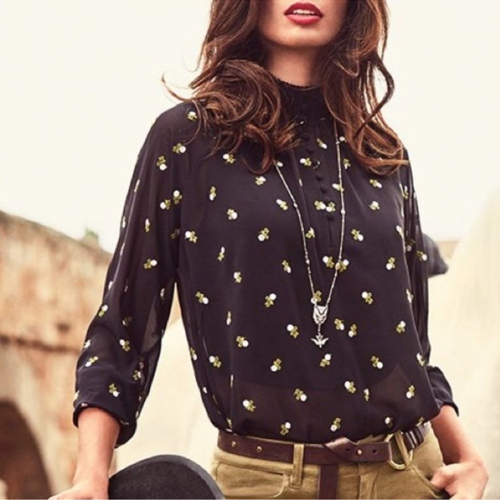 Cabi Alegria Black Sheer Button Down Embroidered Rosettes Blouse Oversized